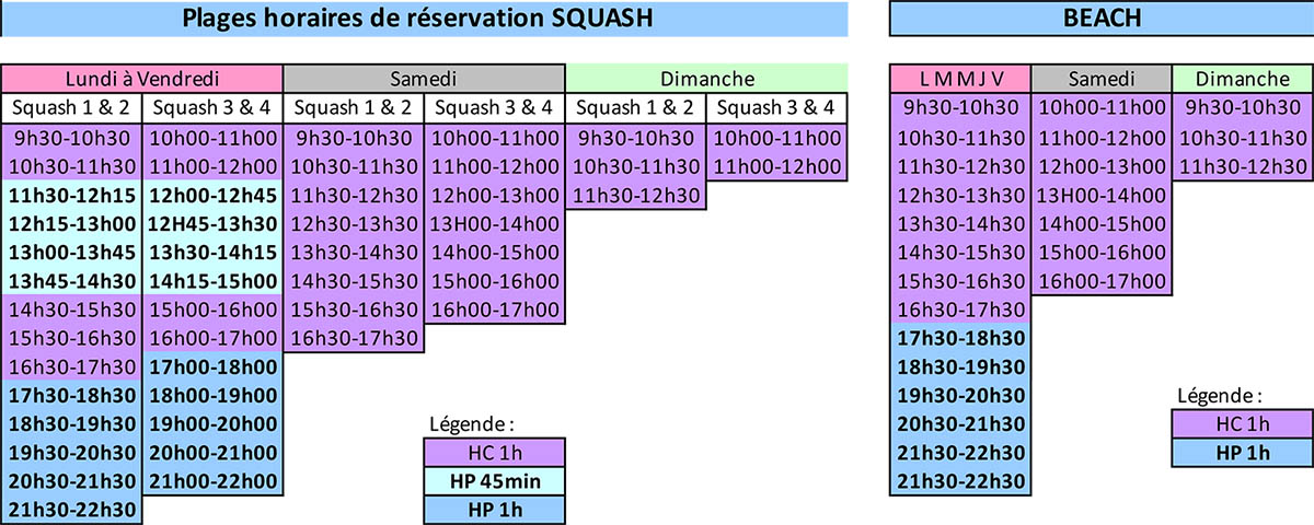 Plages horaires Squash et Beach Indoor - D'Sport & Co Nantes