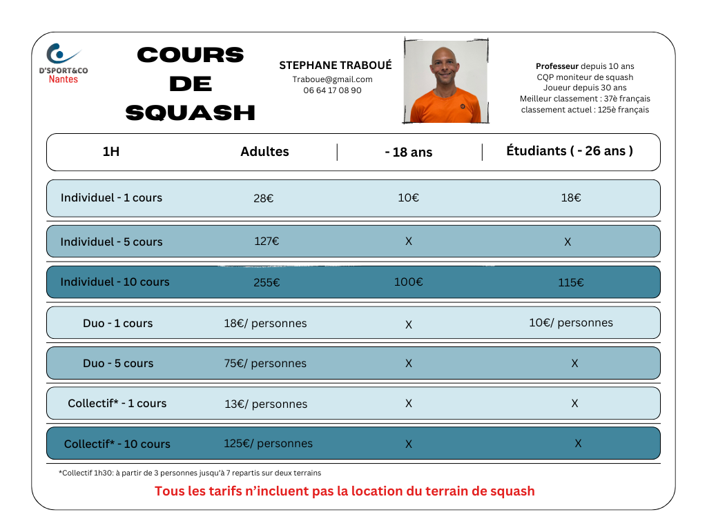 Tarifs cours de squash Stéphane Traboué Tarifs cours de squash Stéphane Traboué